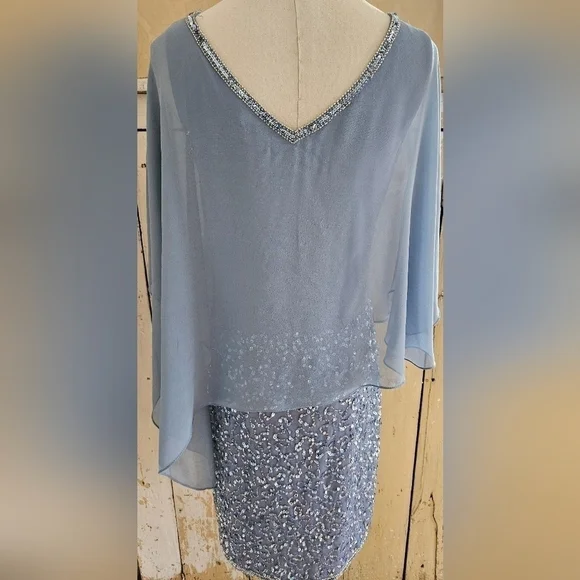 JKARA Blue Sequence Asymmetrical Cape/Shawl Flutter Sleeves Sheath Dress-Size 6P - Picture 6 of 9